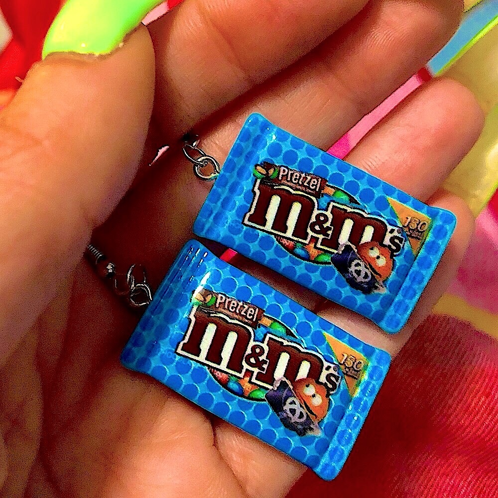 Blue pretzel m&m earrings